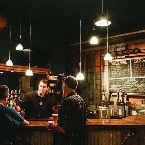 Cozy bar tucked in the corner at Acorn Theater in Three Oaks, Michigan.