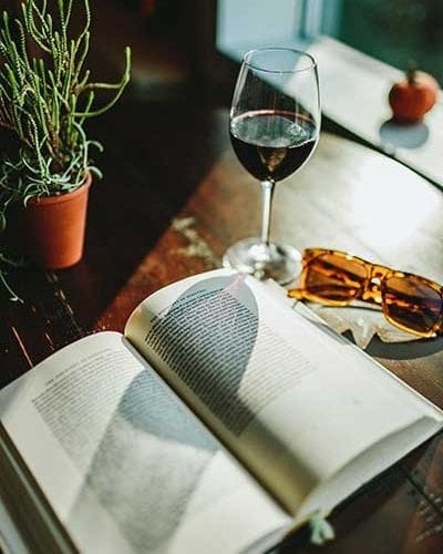 A nice glass of wine to accompany a book at Dablon Vineyards & Winery in Baroda, Michigan.