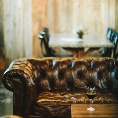 A comfy leather sofa in the tasting room at Dablon Winery & Vineyard, Michigan.