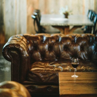 A comfy leather sofa at Dablon Winery in Baroda, Michigan.