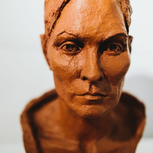 A terra cotta bust of a woman at Judith Racht Gallery in Harbert, Michigan.