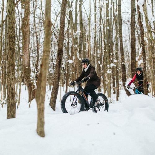 Riding the snowy trails at Love Creek County Park in southwest Michigan.