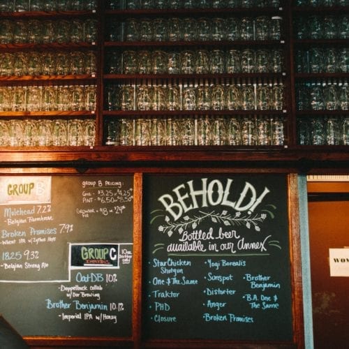 Beers on tap and in bottles at Greenbush Brewing Co. in Sawyer, Michigan.