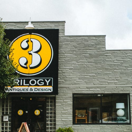The front entrance of Trilogy Antiques in Three Oaks, Michigan,