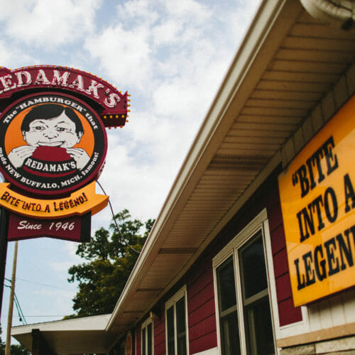 Redamak's iconic vintage sign in New Buffalo, Michigan.
