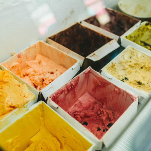Colorful ice creams in the freezer at Oink's Dutch Treat in New Buffalo, Michigan.