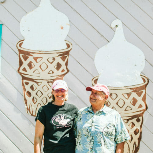 Founders Carey and Roger Vink standing outside Oink's Dutch Treat in New Buffalo, Michigan.