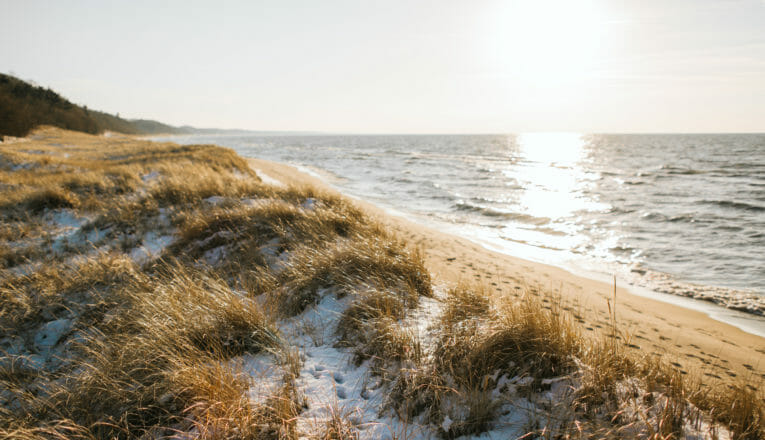 View of Lake Michigan in winter with beach grass and light snow at Warren Dunes State Park in Sawyer, Michigan.