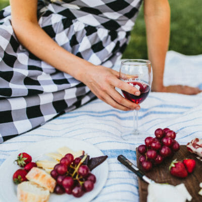A picnic of fruit, cheese, bread, and wine at Lemon Creek Winery in Berrien Springs, Michigan.