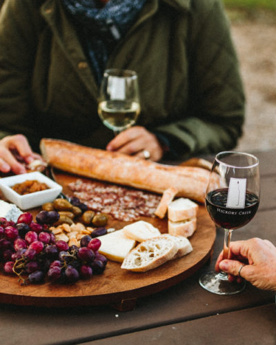 An autumn picnic of cheese and charcuterie at Hickory Creek Winery in Buchanan, Michigan.