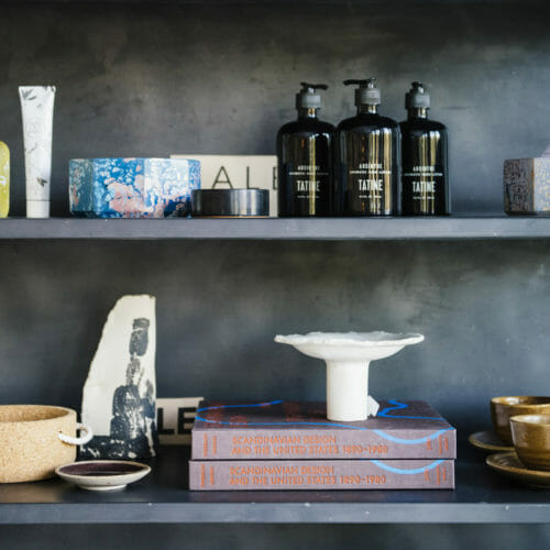 Apothecary goods, ceramic accessories, and a book about Scandinavian design at Sojourn in Sawyer, Michigan.