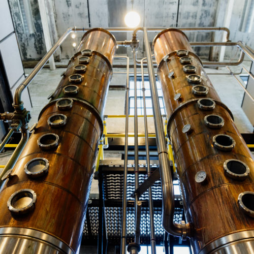 A view upward along enormous copper stills at Journeyman Distillery in Three Oaks, Michigan.