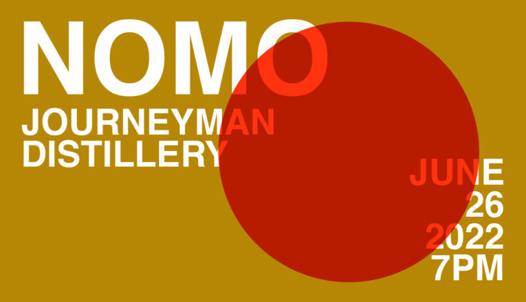 A gold and red Bauhaus-style graphic promoting the NOMO concert at Journeyman Distillery in Three Oaks, Michigan.