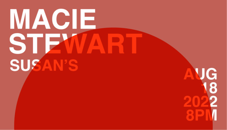 A dusty pink and red Bauhaus-style graphic promoting the Macie Stewart concert at Susan's in Sawyer, Michigan.