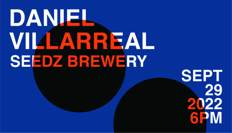 A blue and red Bauhaus-style graphic promoting the Daniel Villarreal concert at Seedz Brewery in Union Pier, Michigan.
