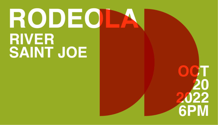 A green and orange Bauhaus-style graphic promoting the Rodeola concert at River Saint Joe in Buchanan, Michigan.
