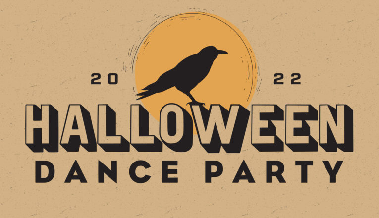 A Halloween Dance Party graphic with a crow silhouette in front of a yellow moon.