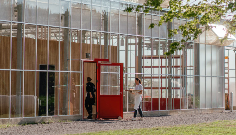 A stately, glass greenhouse with red doors and interior wood volumes at Granor Farm in Three Oaks, Michigan.