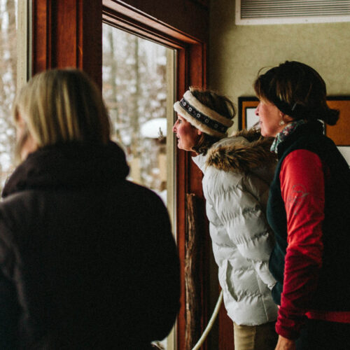 Three women look out of a window at a wintery scene at Love Creek County Park in southwest Michigan.