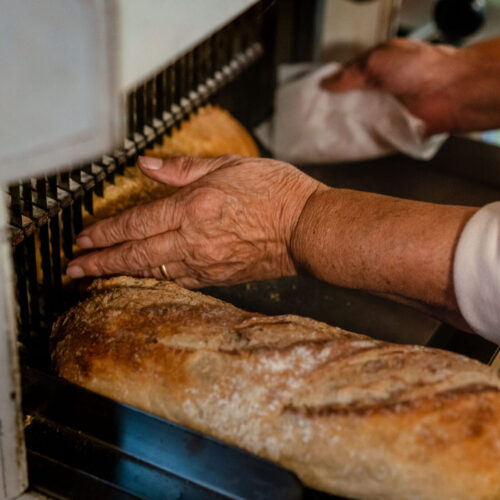 Woman slicing freshly baked bread at Harbert Swedish Bakery in Harbert, Michigan.