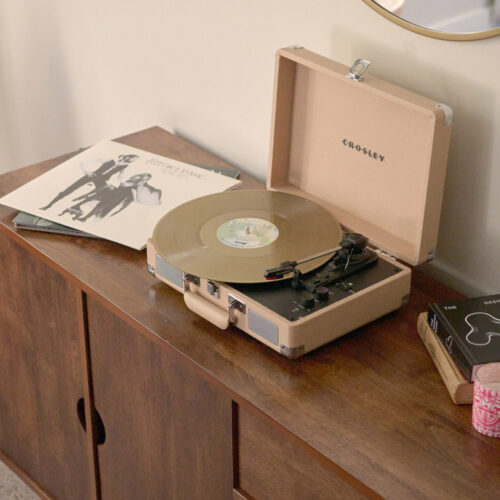 A Crosley record player ready to be played at Wandering Soul Cabin in Sawyer, Michigan.