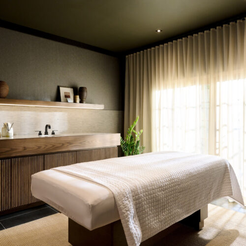 A softly lit treatment room at Foundation Spa in New Buffalo, Michigan.