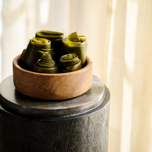 Seaweed in a wooden bowl for wrap treatments at Foundation Spa in New Buffalo, Michigan.