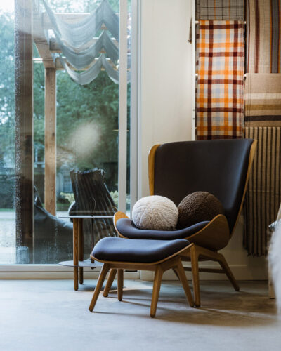 Scandinavian-inspired chair and accessories at Stockholm Objects in Harbert, Michigan.