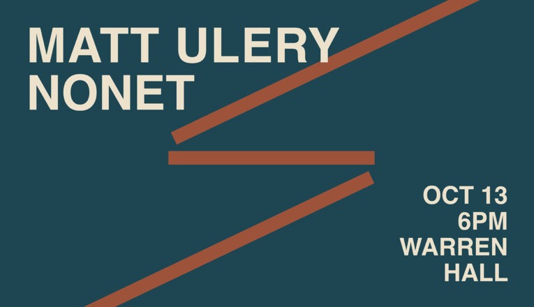 Minimal teal and terracotta graphic promoting a Matt Ulery Nonet concert at Warren Hall in Three Oaks, Michigan.