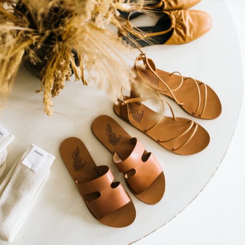 Handcrafted brown leather sandals at AP in Lakeside, Michigan.