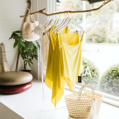 Yellow maillot bathing suits artfully hung from a branch in the window of AP Shop in Lakeside, Michigan.