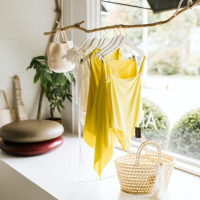 Bright yellow swimwear and a straw bag at AP Shops in Lakeside, Michigan.