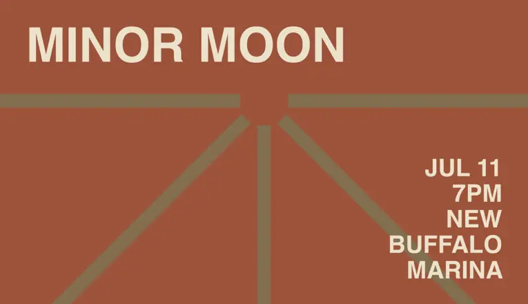 A minimal terracotta and olive graphic promoting a Minor Moon concert at New Buffalo Marina.