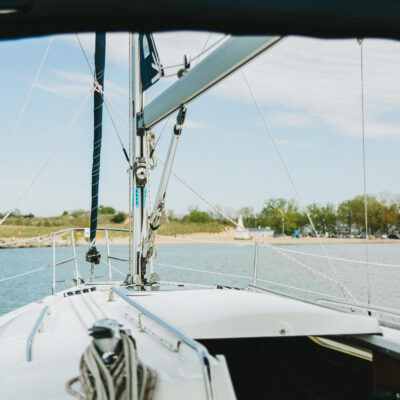 A view toward the bow of New Buffalo Sailing Excursions boat on Lake Michigan.