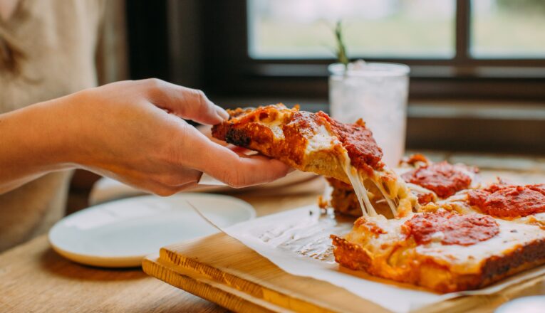 Thick, cheesy, tomato-y Detroit-style pizza at Staymaker in Three Oaks, Michigan.