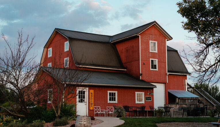 A stately red barn at Hickory Creek Winery in Buchanan, Michigan.