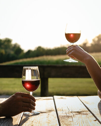 Two hands each hold a glass of red wine while sitting at a picnic table outside at Hickory Creek Winery in Buchanan, Michigan.