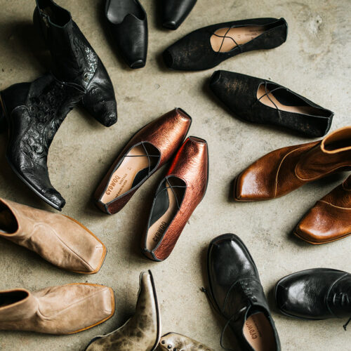 A pile of leather shoes in Goods and Heroes in Three Oaks, Michigan