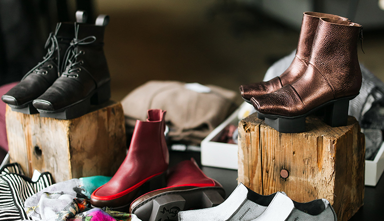 A shoe display inside Goods and Heroes in Three Oaks, Michigan