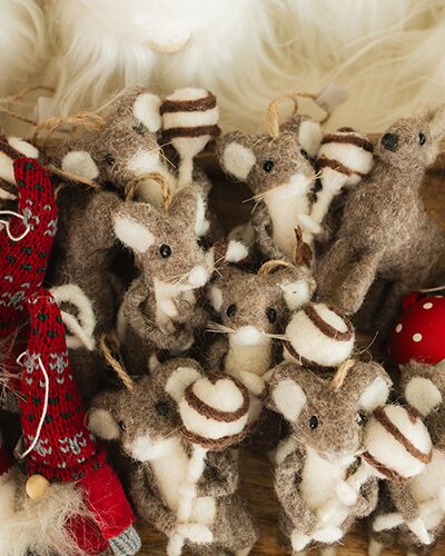 Holiday mice nestled in a basket at Stockholm Objects in Harbert, Michigan