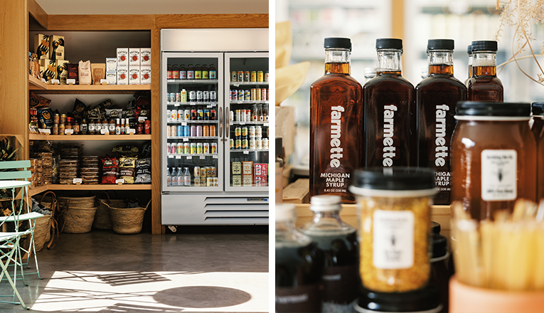 A wide view of fridges and shelves stocked combined with Michigan made maple syrup from Farmette, located in New Buffalo Michigan