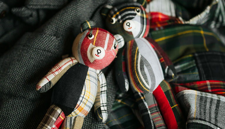 Plaid teddy bears inside Goods and Heroes in Three Oaks, Michigan