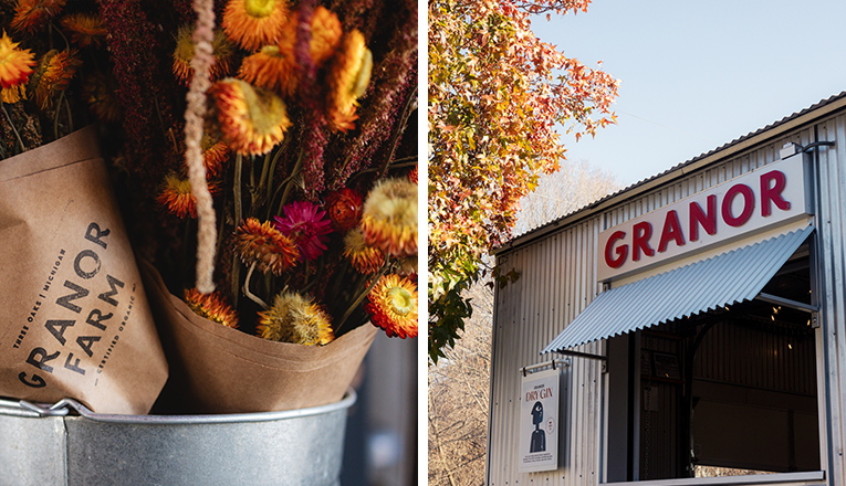 A bouquet of dried flowers next to a photo of the outside of Granor Farm located in Three Oaks, Michigan