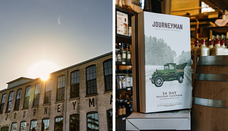 A view of the outside of Journeyman Distillery located in Three Oaks, Michigan, next to a photo of Journeyman Distillery Holiday Calendar