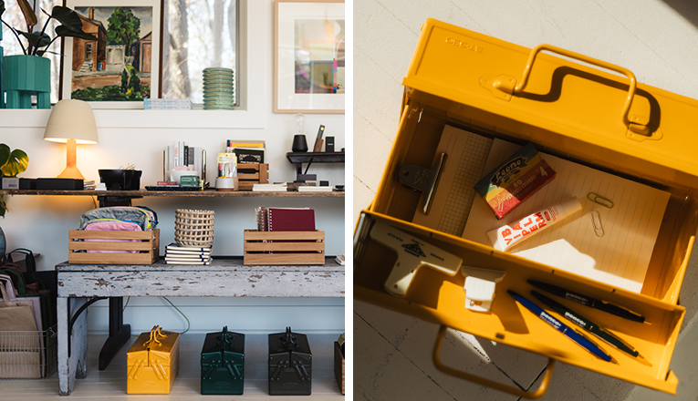 An in-store display of office goods next to an image of a yellow toolbox in Sojourn located in Sawyer, Michigan