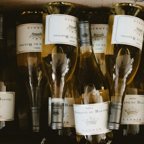 Bottles of white wine at P&E Bottle Shop in Three Oaks, Michigan