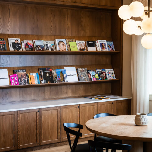 The reading room stocked with magazines from Stand Magazines at the Living Room in Marina Grand Resort in New Buffalo, Michigan