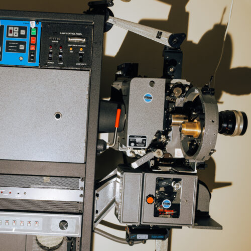 An old movie projector at Vickers Theatre in Three Oaks Michigan