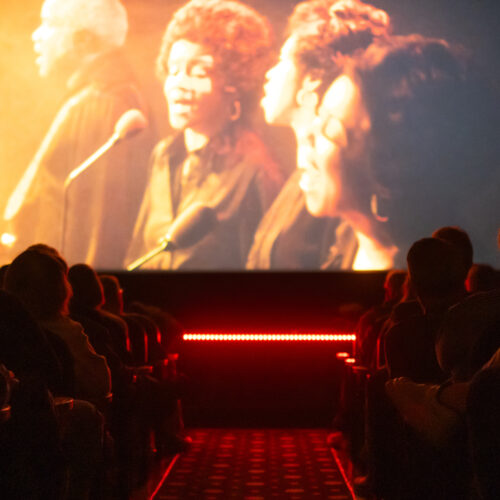Movie-goers watching a film on the big screen at Vickers Theatre in Three Oaks Michigan