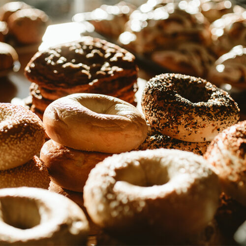 Freshly made bagels stacked up at David's Deli in New Buffalo, Michigan